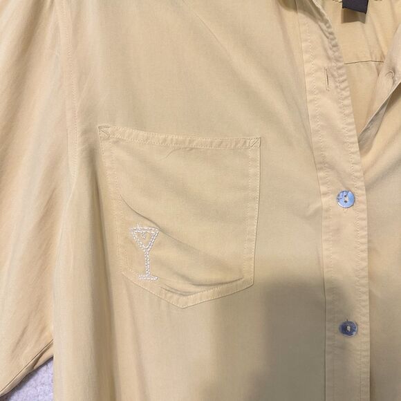 Jones Jeans Button Down Blouse‎ 100%  Silk Yellow M "Cheers" Embroidered - Picture 3 of 10